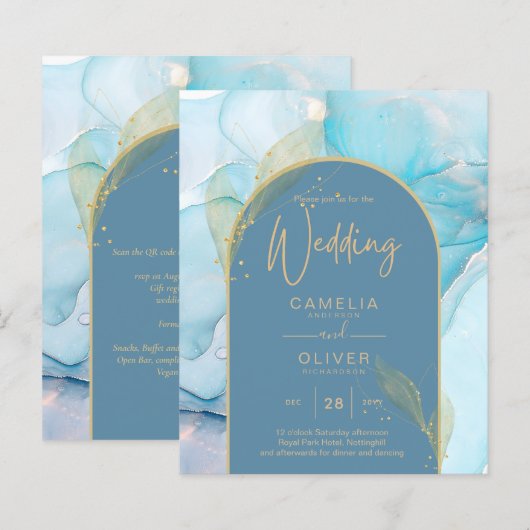 シー・グラス・ゴールドインク・アクアブルー結婚式の招待状（ LeahG  ） (正面/裏面)
