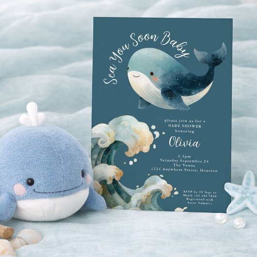 シー ユー スーン クジラ オーシャン ターコイズ ベイビー シャワー 招待状
