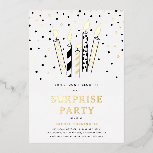 シー…止吹めろ!キャンドルサプライズ誕生日 箔招待状 (正面)