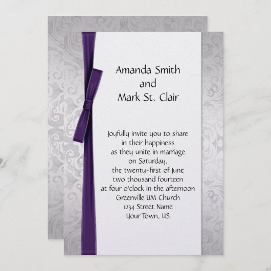 シ動揺してルバーダマスクパープルリボンボウ結婚ズ 招待状 (正面/裏面)