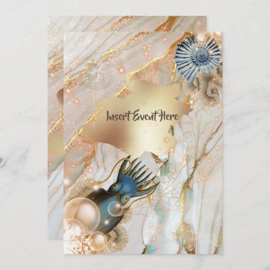 シ航海のェルイカ大理石金ゴールド水彩音 招待状 (正面/裏面)