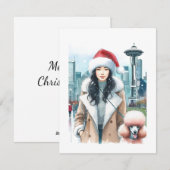シ애틀のクリスマスを歩くスタイリッシュな女性とプードル シーズンカード (正面/裏面)