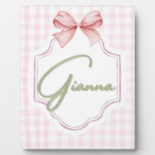 ジアンナパーソナライズされたベビーガール子供部屋ボウ&ギンガム フォトプラーク (正面)