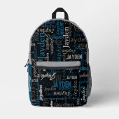 ジェイデンパーソナライズされた名ブルーグレーブラック プリントバックパック (正面)