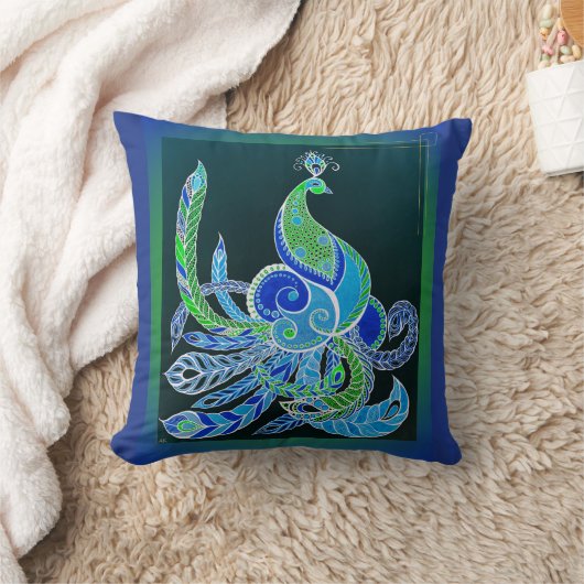 ジェイドエレガントグリーンとブルーの孔雀 クッション (ブランケット)