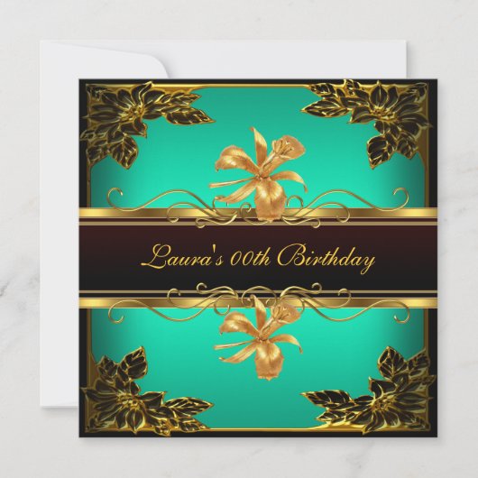 ジェイドグエレガントリーンブラック金ゴールド誕生日パーティー 招待状 (正面)