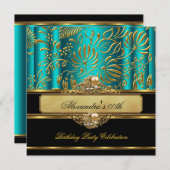 ジェイドブルーエレガントグリーン金ゴールドダマスクパールパーティー 招待状 (正面/裏面)