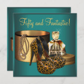 ジェイドレオパード金ゴールド女性50th誕生日 招待状 (正面/裏面)