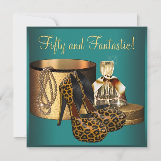 ジェイドレオパード金ゴールド女性50th誕生日 招待状 (正面)
