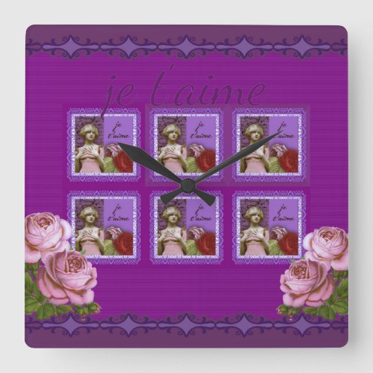 ジェタイムパープルロマンチックガールヴィンテージコラージュ スクエア壁時計 (正面)