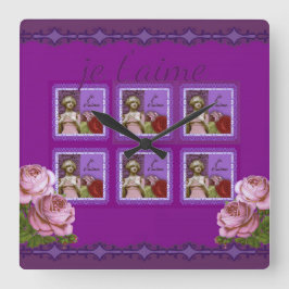 ジェタイムパープルロマンチックガールヴィンテージコラージュ スクエア壁時計