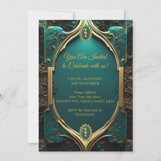 ジェッエレガント華美ドエメラルド金ゴールド誕生日会 招待状 (裏面)
