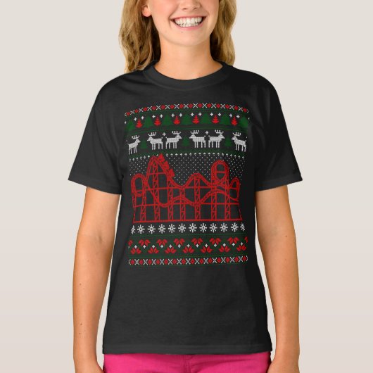 ジェットコースターシーン醜いクリスマスセーター Tシャツ (正面)