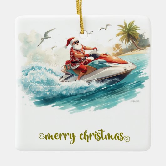 ジェットスキーのクリスマス + サンタクロース セラミックオーナメント (正面)