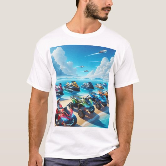 ジェットスキー ウェーブランナーとATVのビーチ Tシャツ (正面)