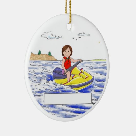 ジェットパーソナライズされたスキーヤー – 女性、茶色の髪 セラミックオーナメント (右)