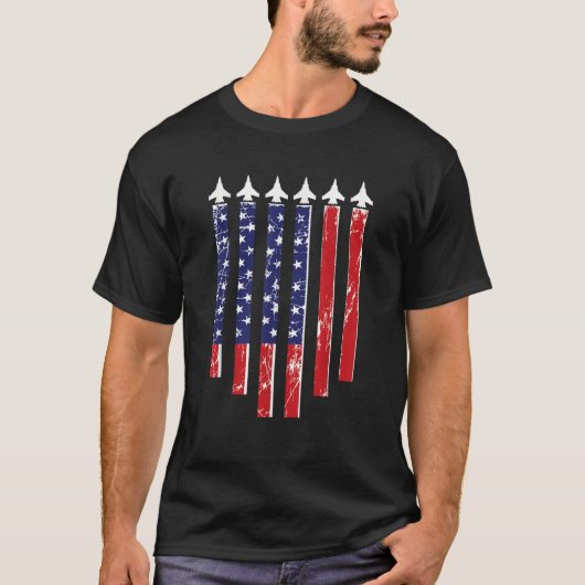 ジェット戦闘機、米国旗の航空機航空プラ Tシャツ (正面)