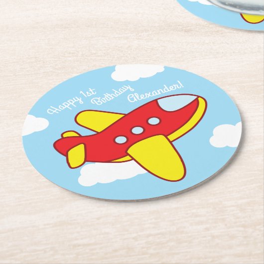 ジェット機かわいい子供の誕生日パーティー ラウンドペーパーコースター (アングル)