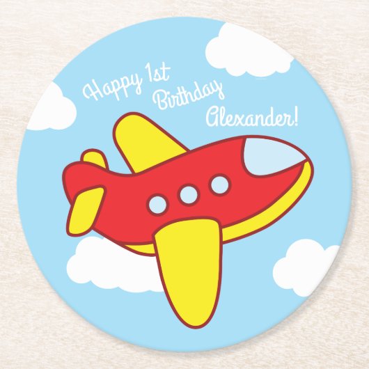 ジェット機かわいい子供の誕生日パーティー ラウンドペーパーコースター (正面)