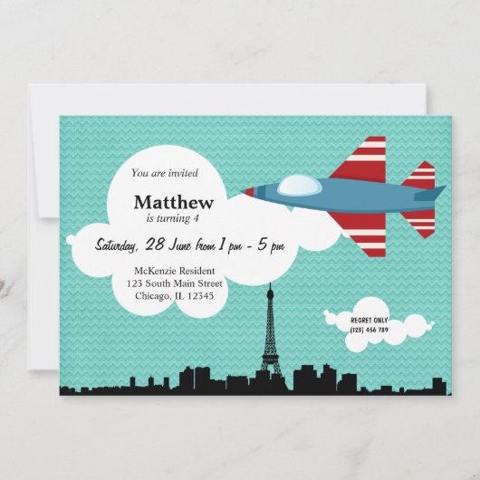 ジェット機の誕生日テーマ（青） 招待状 (正面)