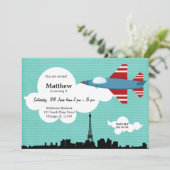 ジェット機の誕生日テーマ（青） 招待状 (スタンド正面)