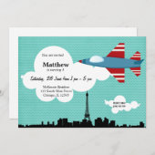 ジェット機の誕生日テーマ（青） 招待状 (正面/裏面)