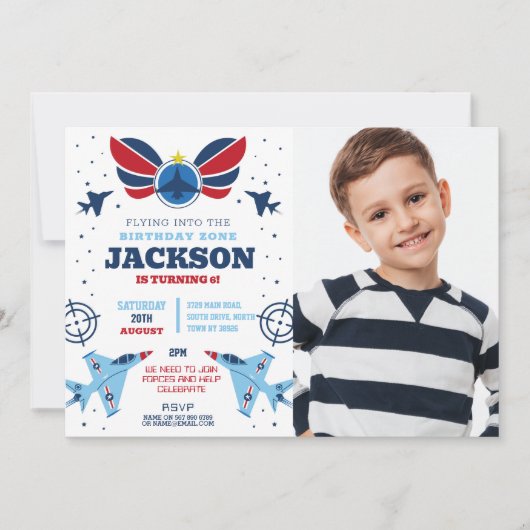 ジェット飛んでいる誕生日ボーイ飛行機軍の写真部隊 招待状 (正面)
