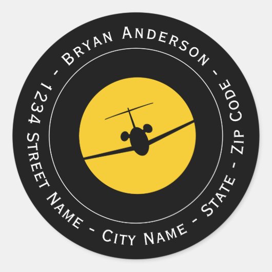 ジェット飛行機のロゴ差出人住所ラベル ラウンドシール (正面)