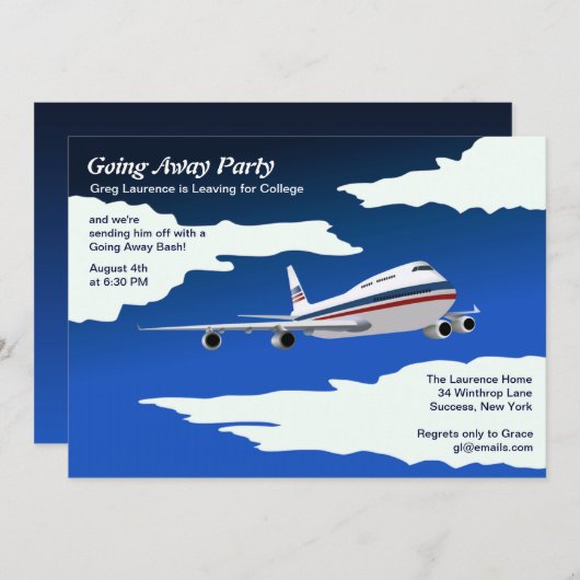 ジェット飛行機遠くにパーティの招待状 招待状 (正面/裏面)