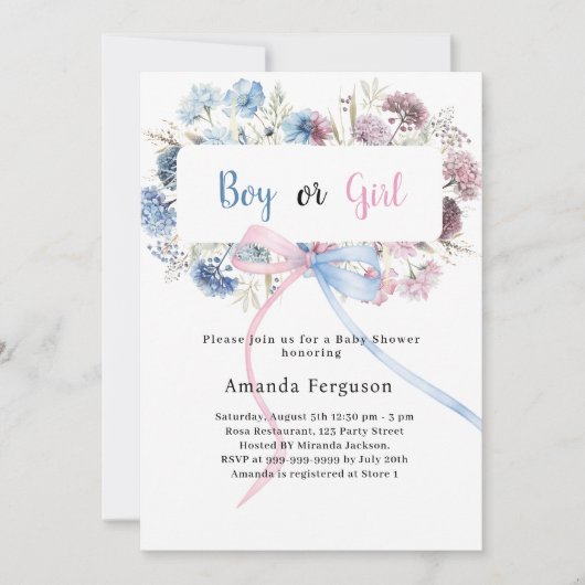 ジェナー明かすパーティーブルーピンクの花模様ボーイガール 招待状 (正面)