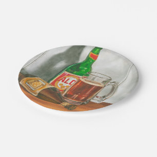 ジェニファーGoldberger著ビールが付いている静物画 ペーパープレート