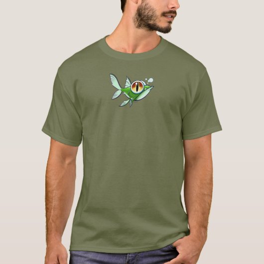 ジェフ・ウィリスによる赤い目と小さな文字の怒った魚 Tシャツ (正面)