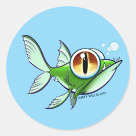 ジェフ・ウィリス・アートによるブルーの背景に赤い目をした怒った魚 ラウンドシール