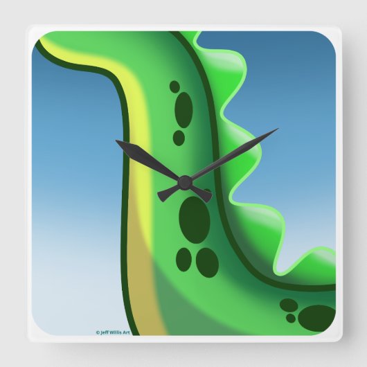 ジェフ・ウィリス・アートによる謎のロングネック恐竜 スクエア壁時計 (正面)