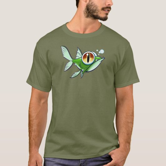 ジェフ・ウィリス・アートによる赤い目のおこった魚 Tシャツ (正面)