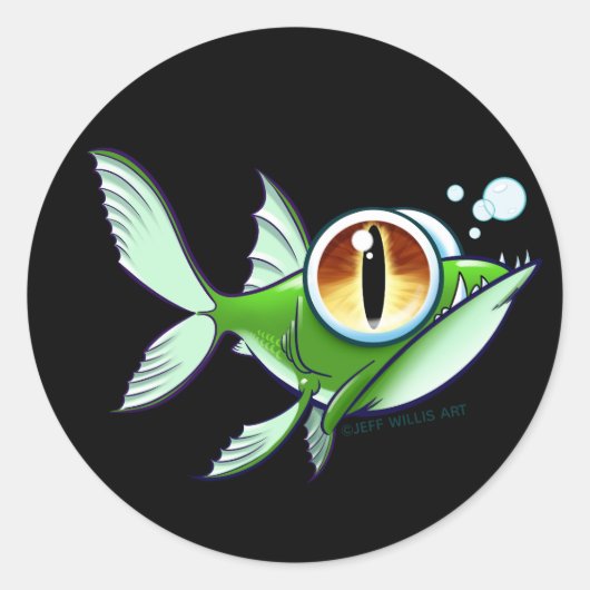 ジェフ・ウィリス・アートによる黒地に赤い目をした怒った魚 ラウンドシール (正面)