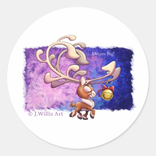 ジェフ・ウィリス・アートの夢の大きなクリスマスのトナカイ ラウンドシール (正面)