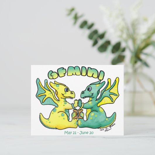 ジェミニかわいい〔占星術の〕十二宮図リトルウィングドラゴン ポストカード (スタンド正面)