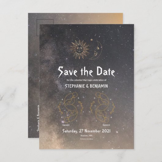 ジェミニシテラルタイポグラフィ〔占星術の〕十二宮図グリッター クール 案内ポストカード (正面/裏面)