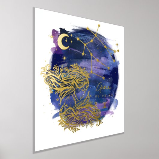 ジェミニツインズサインの〔占星術の〕十二宮図カスタム誕生日 箔ポスター (レイダウン)