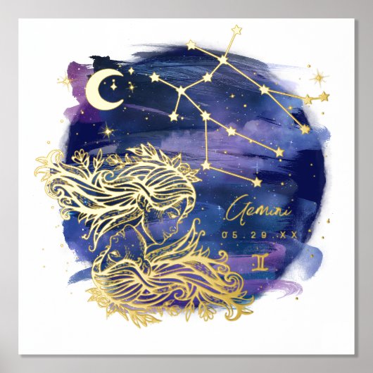ジェミニツインズサインの〔占星術の〕十二宮図カスタム誕生日 箔ポスター (正面)