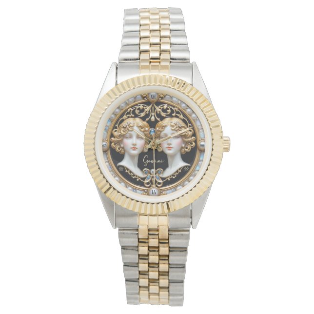 ジェミニツインズパールと金ゴールド パーソナライズされた 腕時計 (正面)