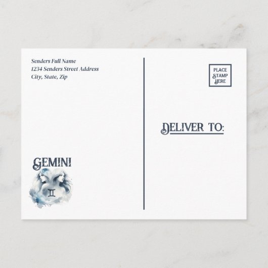 ジェミニツインズ〔占星術の〕十二宮図をテーマにした誕生日パーティー インビテーションポストカード (裏面)