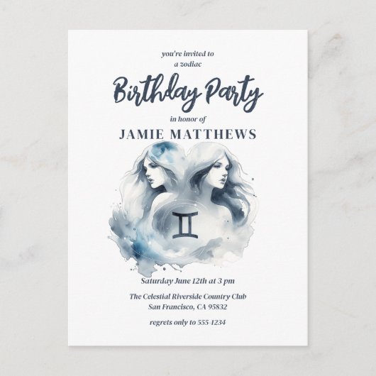 ジェミニツインズ〔占星術の〕十二宮図をテーマにした誕生日パーティー インビテーションポストカード (正面)
