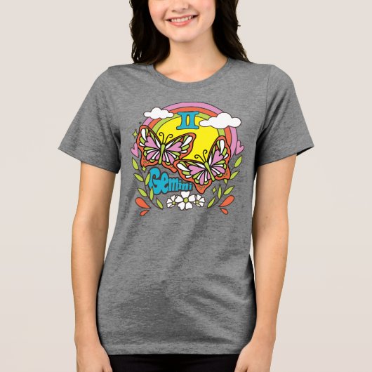 ジェミニ星占い誕生標識〔占星術の〕十二宮図蝶の双子 トライブレンドTシャツ (正面)