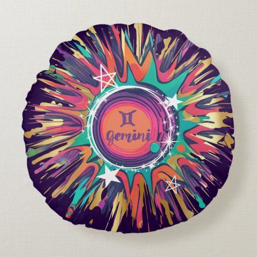 ジェミニ星占い誕生標識〔占星術の〕十二宮図 サイケデリック ラウンドクッション (正面)