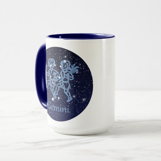 ジェミニ星座と〔占星術の〕十二宮図サイン(星あり) マグカップ (正面左)