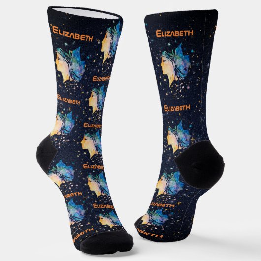 ジェミニ星座の水彩画の星のギャラクシー ソックス (傾斜あり)