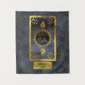 ジェミニ暗い〔占星術の〕十二宮図星占い：黒い金ゴールド名 タペストリー (正面)