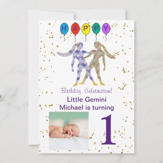 ジェミニ最初の誕生日金ゴールド、バルーン&写真 招待状 (正面)